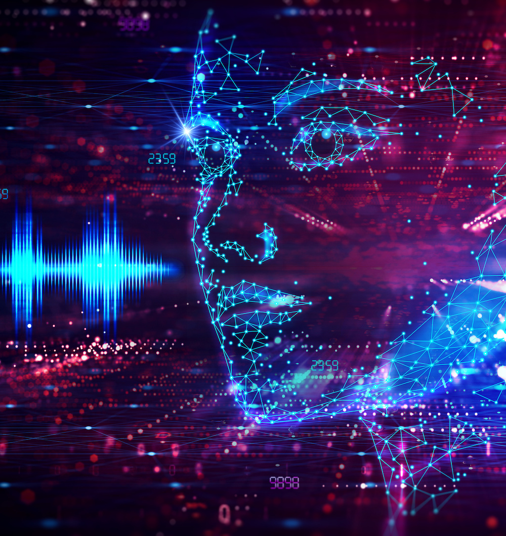 Ein menschliches Gesicht aus blauen Punkten und Strichen vor einem rot-violetten Hintergrund. Neben dem Kopf Schallwellen gesprochener Sprache in Blau.